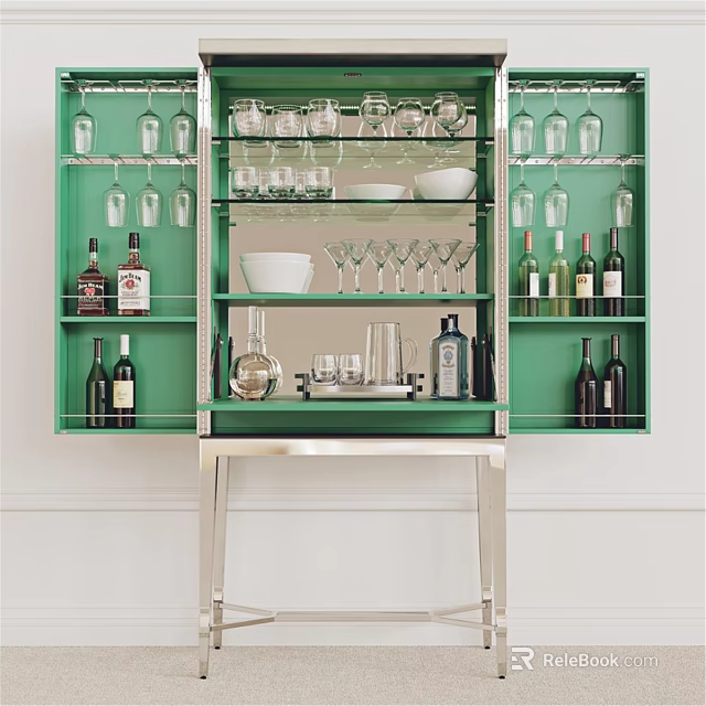 Green Cabinet With Glass Shelves Displaying Wine Glasses Bowls And Bottles 3d model 