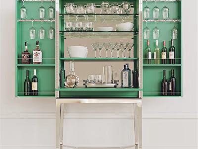 Green Cabinet With Glass Shelves Displaying Wine Glasses Bowls And Bottles 3d model
