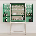 Green Cabinet With Glass Shelves Displaying Wine Glasses Bowls And Bottles