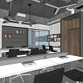 Public Office Space With White Desks Black Chairs Bookshelves And Glass Partitions