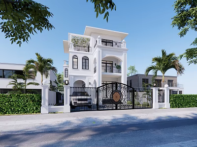 Modern White Detached Villa With Balconies Black Iron Gate Palm Trees And Driveway 3d model