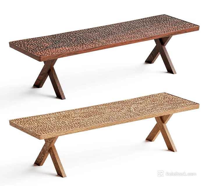 Wooden Benches With X Shaped Legs And Textured Surfaces In Two Tones 3d model 