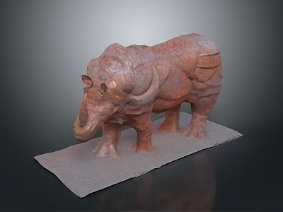 Detailed Rhinoceros Sculpture Carved From Red Stone On Gray Base 3d model