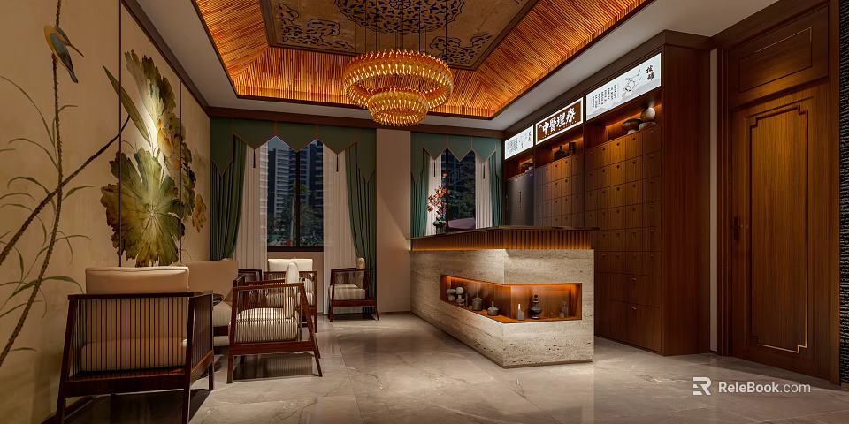 Shop Reception Area Featuring Wooden Ceiling Chandelier Marble Counter Wooden Decor And Marble Floor 3d model 