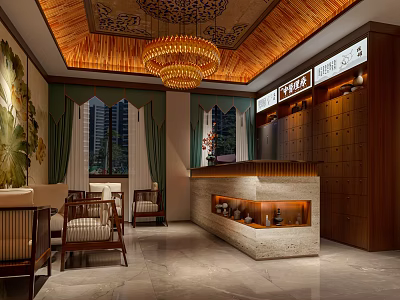 Shop Reception Area Featuring Wooden Ceiling Chandelier Marble Counter Wooden Decor And Marble Floor 3d model