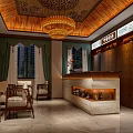 Shop Reception Area Featuring Wooden Ceiling Chandelier Marble Counter Wooden Decor And Marble Floor