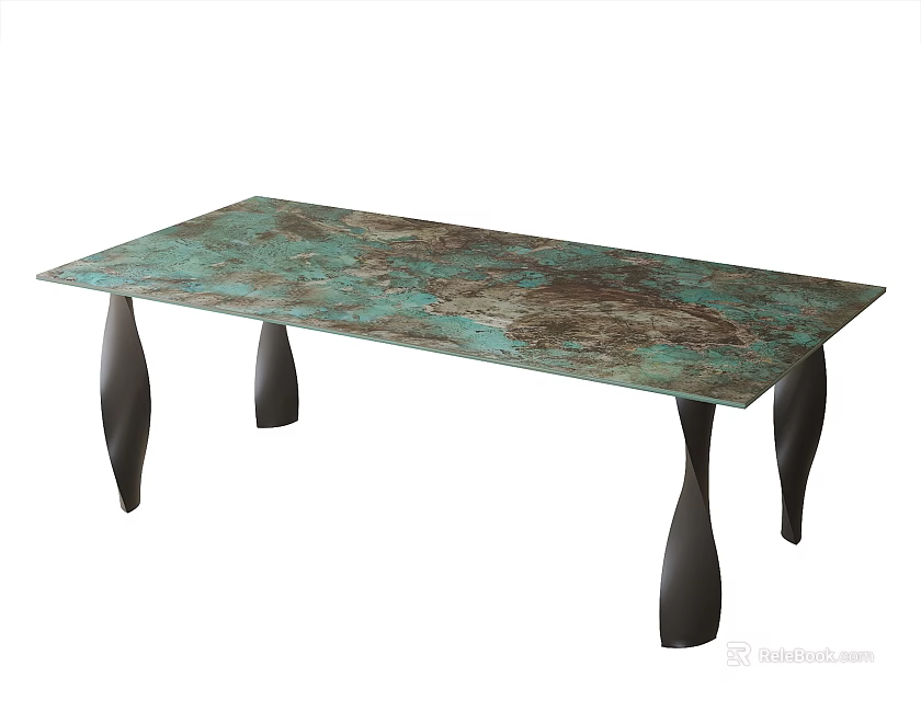 Stylish Dining Table With Green Brown Textured Surface And Black Curved Legs Design 3d model 