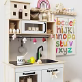 Kids Play Kitchen Setup With Alphabet Poster Decorative Moon And Mini Stools 3d model