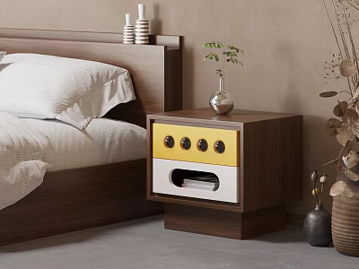 Walnut Wood Bedside Table With Yellow And White Drawer Round Knobs In Modern Bedroom 3d model