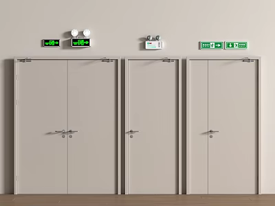 Three White Safety Doors With Metal Handles Emergency Exit Signs And Control Panels On Wall 3d model