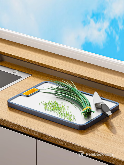 Practical Kitchen Cutting Board And Knife With Fresh Chopped Green Onions For Cooking Preparation 3d model 