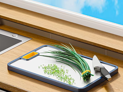 Practical Kitchen Cutting Board And Knife With Fresh Chopped Green Onions For Cooking Preparation 3d model