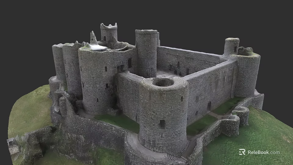 Historic Detached Villa With Stone Exterior Towers Courtyard And Green Lawn 3d model 