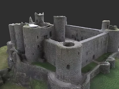 Historic Detached Villa With Stone Exterior Towers Courtyard And Green Lawn 3d model