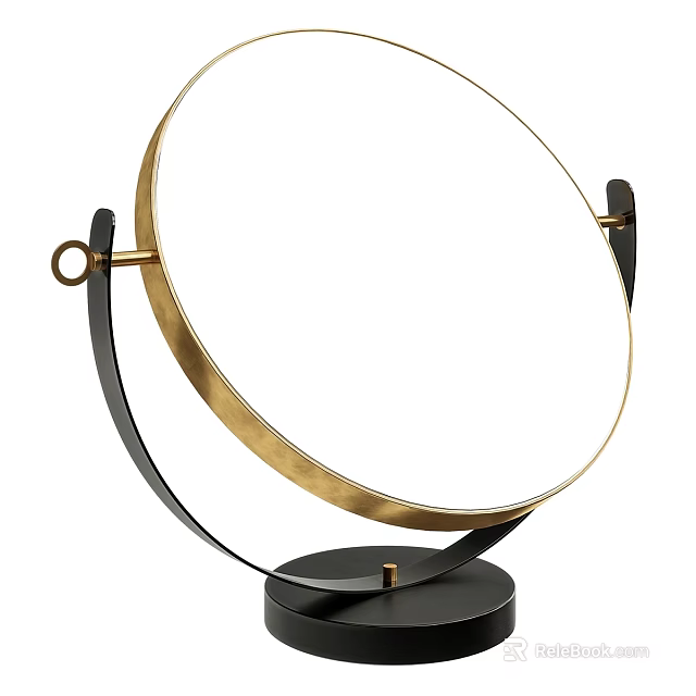 Round Decorative Mirror With Gold Circular Frame And Black Metal Stand Design 3d model 