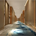Modern Hotel Corridor With Wooden Walls Blue Patterned Carpet And Room Doors Lighting