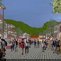Vibrant Commercial Street With Chinese Style Buildings Shops Pedestrians And Mountain Views At Evening