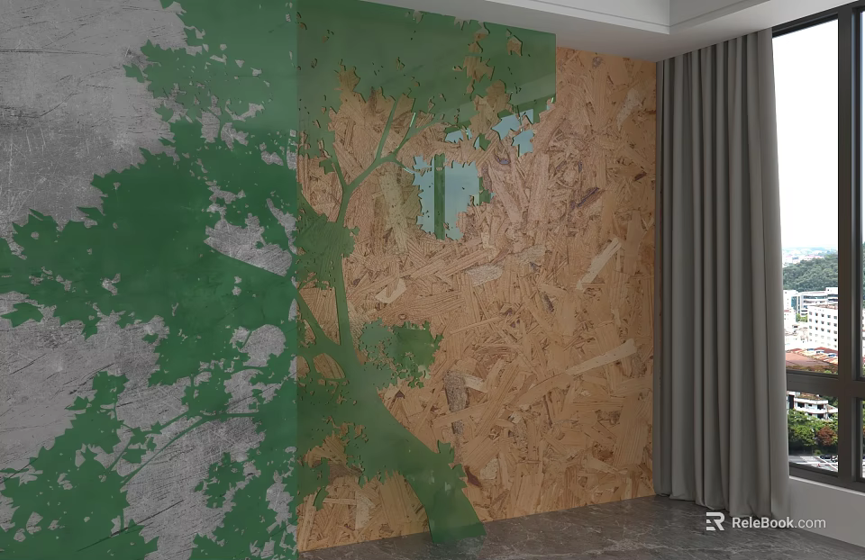 Gray Section Background Wall With Green Tree Pattern And Wooden Texture Peeling Areas 3d model 