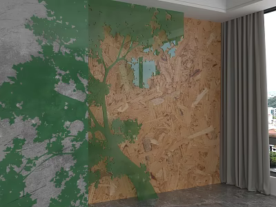 Gray Section Background Wall With Green Tree Pattern And Wooden Texture Peeling Areas 3d model