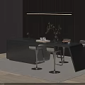 Modern Black Bar Counter With Marble Top Dark Wooden Walls Hanging Light And Bar Stools