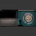 Cartoon Sci Fi Room Scene With Green Wall Circular Symbol Orange Couch Table And Computer