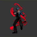 Man With Blue Hair Blue Shirt And Dark Pants Surrounded By Red Energy Action Effects