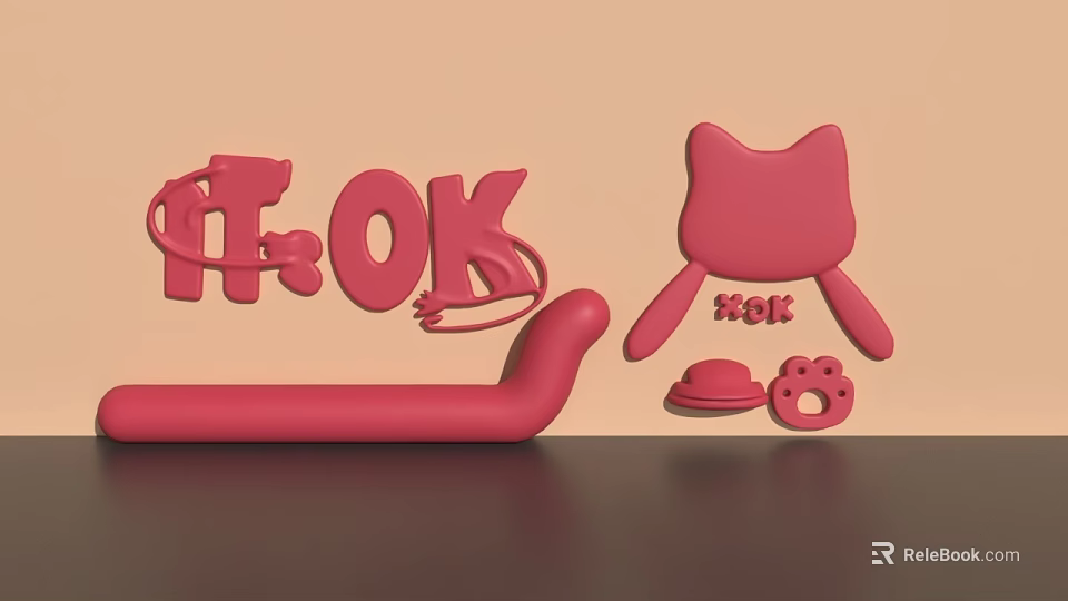 Pink Wall Decor with Cat Shaped Design OK Letters and Small Paw Prints 3d model 