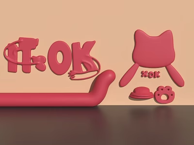 Pink Wall Decor with Cat Shaped Design OK Letters and Small Paw Prints 3d model