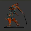 Detailed Red Green Mechanical Robot Figure With Samurai Sword Black Base And Glowing Red Accents
