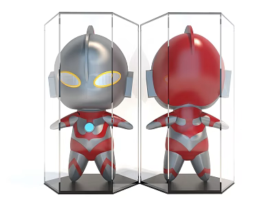 Cute Dolls With Silver Red Heads Transparent Display Cases Yellow Eyes And Red Silver Bodies 3d model