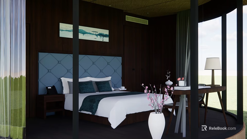 Modern Double Bed in Dark Wooden Wall Background with Blue Tufted Headboard and Abstract Painting 3d model 