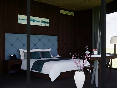Modern Double Bed in Dark Wooden Wall Background with Blue Tufted Headboard and Abstract Painting 3d model