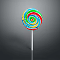 Colorful Spiral Lollipop with Bright Red Blue Green Yellow Swirls on White Stick Dark Background