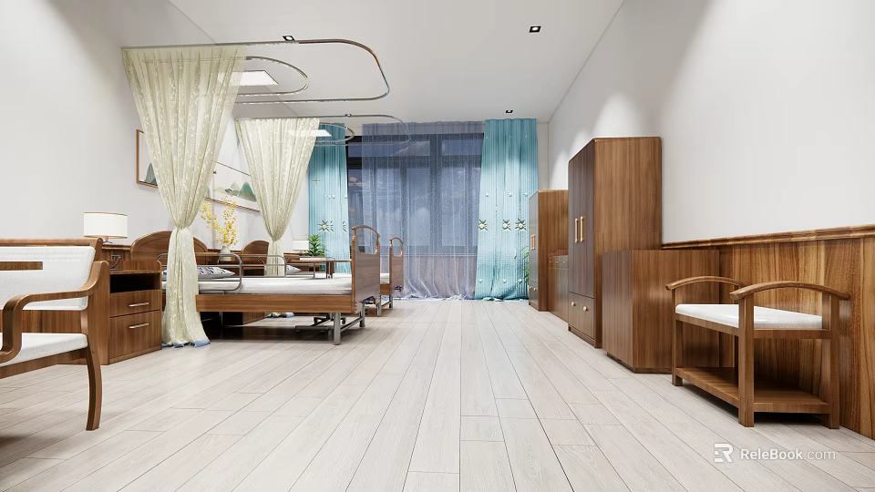 Modern Hospital Outpatient Ward Interior With Wooden Furniture And Curtains 3d model 