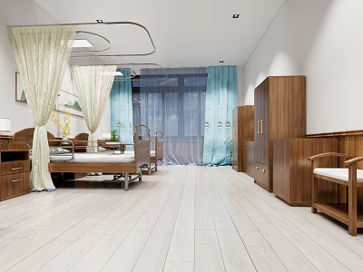 Modern Hospital Outpatient Ward Interior With Wooden Furniture And Curtains 3d model