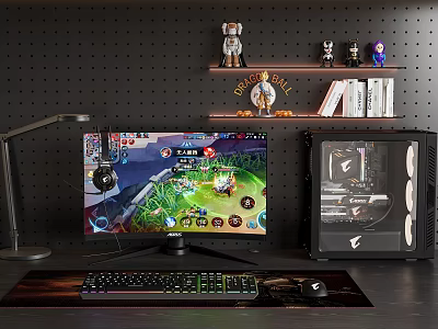 Gaming PC Setup With Monitor Showing Game Screen RGB Keyboard Mouse And Figurines On Shelf 3d model