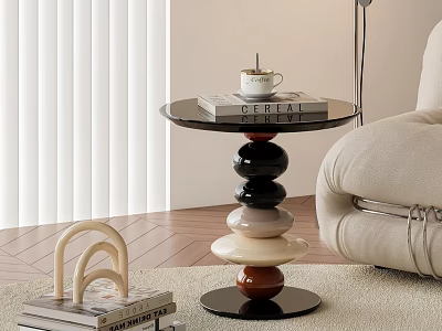 Modern Round Side Table With Stacked Colorful Round Base And Book Cup In Living Room 3d model
