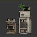 Vintage Kitchen Interior With Retro Stove Refrigerator Green Plant And Microwave