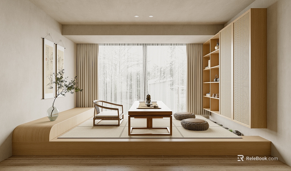 Japanese Traditional Tea Room Interior With Tatami Wooden Low Table Tea Set And Large Window 3d model 
