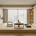 Japanese Traditional Tea Room Interior With Tatami Wooden Low Table Tea Set And Large Window