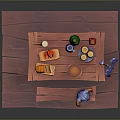 Red Wooden Dining Table With Bread Eggs Bowl Bottles And Matching Bench