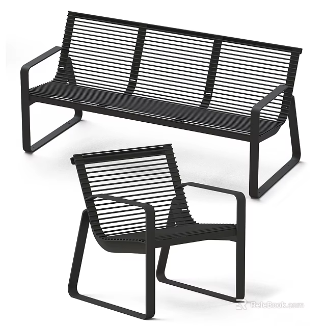 Black Metal Outdoor Chairs with Slatted Design Bench and Armchair for Patio 3d model 