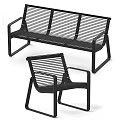 Black Metal Outdoor Chairs with Slatted Design Bench and Armchair for Patio