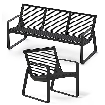 Black Metal Outdoor Chairs with Slatted Design Bench and Armchair for Patio 3d model