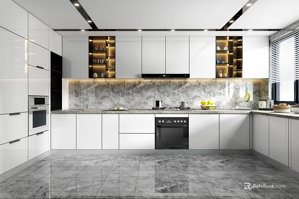 Modern Kitchen Interior Design With White Cabinets Marble Backsplash And Built In Appliances 3d model