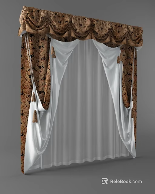 Elegant Brown Patterned Curtains With White Sheer Drapes And Decorative Valance 3d model