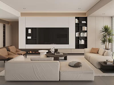 Modern Living Room With Large TV Wall Bookshelves Light Sofas Coffee Table Fireplace And Plant 3d model