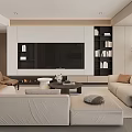 Modern Living Room With Large TV Wall Bookshelves Light Sofas Coffee Table Fireplace And Plant