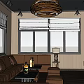 Modern Living Room Interior With Leather Sofa Coffee Table And Chandelier