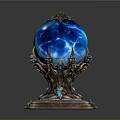 Blue Enchanted Crystal Ball With Intricate Metallic Base Ornate Gemstones And Chains